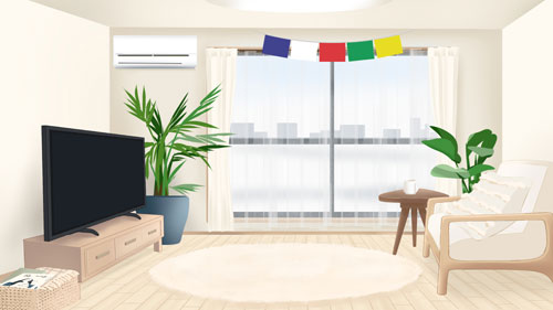 部屋にタルチョを飾っているイラスト