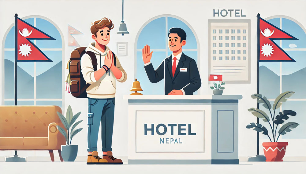 ネパールのホテルで挨拶をする旅行者のイラスト