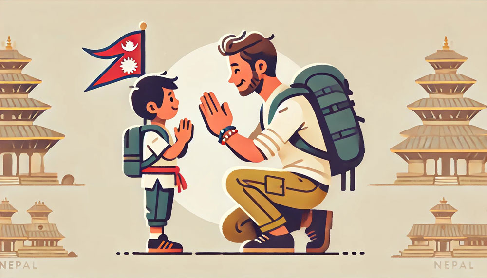 ネパールを旅行中の男性が子どもと挨拶をしているイラスト