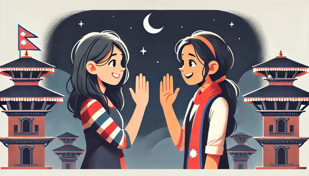 ネパールで夜挨拶をする若い女性たちのイラスト